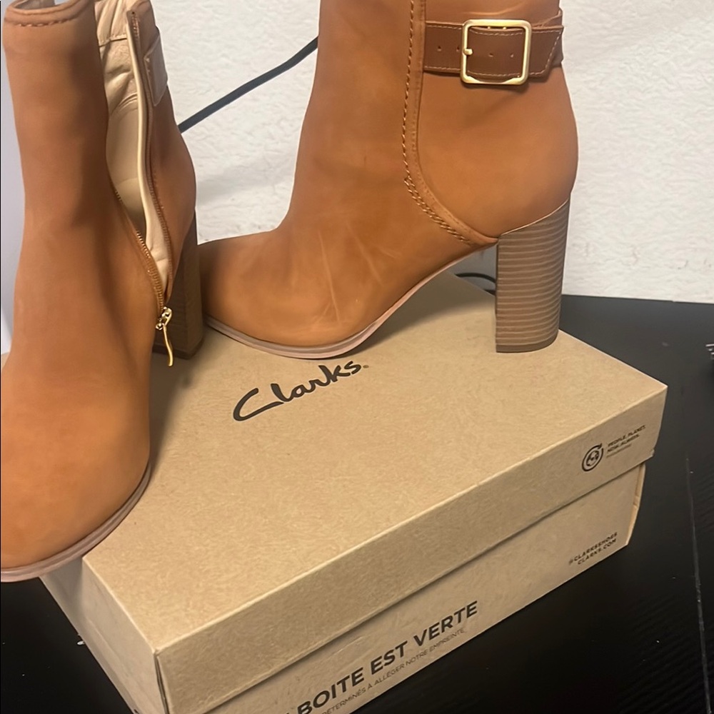 Clarks Tan Heeled Boots with Buckle Detail